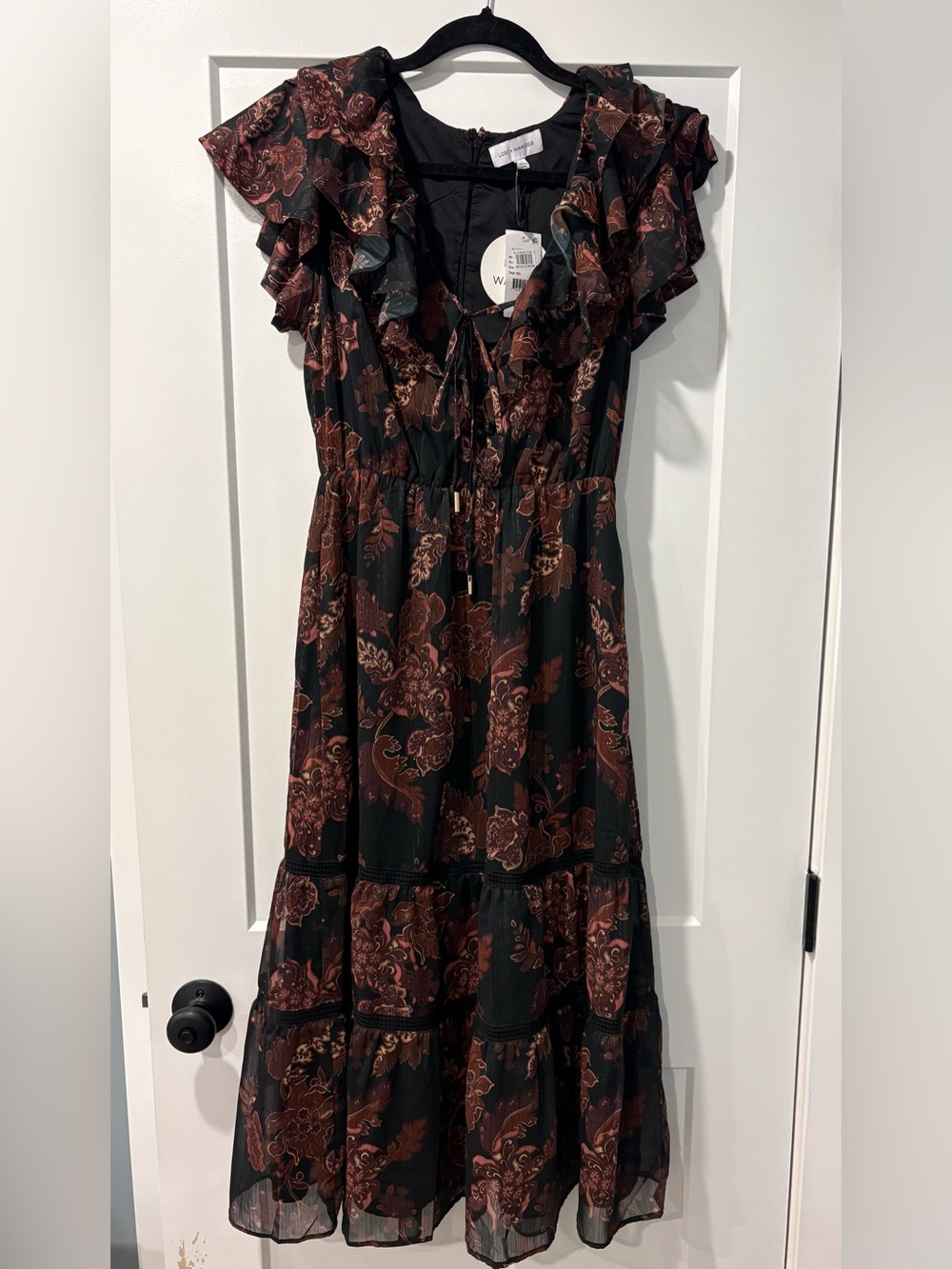 Black Floral Ruffle Maxi Dress with Brown Paisley Print
